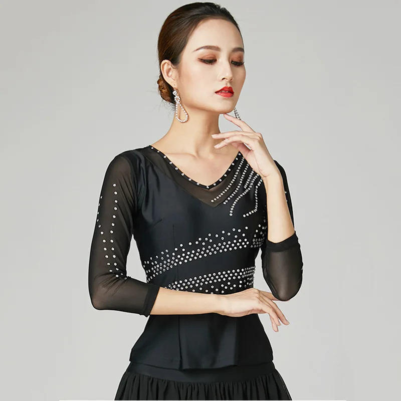 Women Rhinestone Latin Dance Top V NeckMesh Sleeve Black Ballroom Modern Dance Blouse Salsa Tango Practice Performance Dancewear