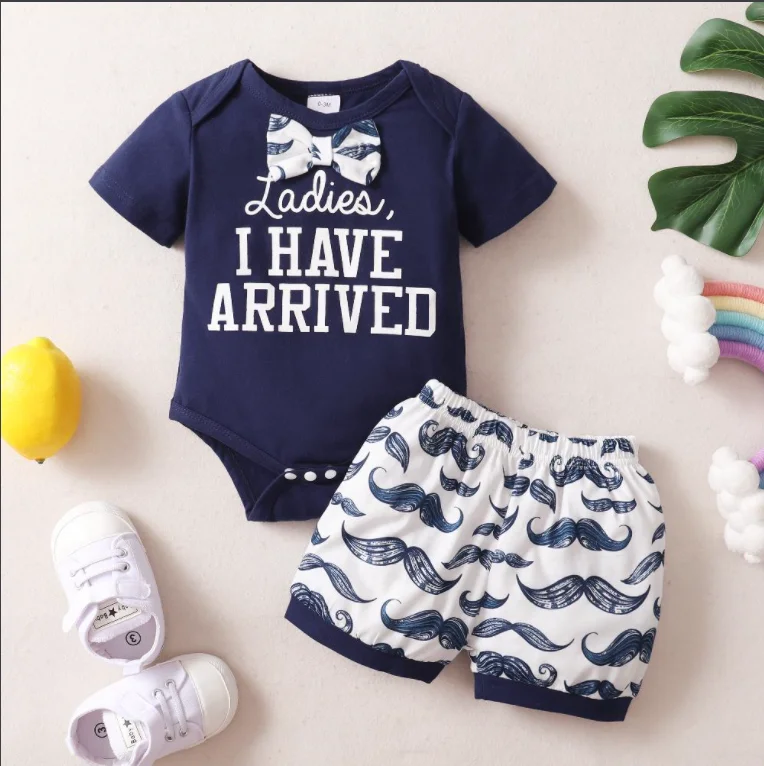 

Newborn Boys Gentleman 2Pcs Outfit Ladies I HAVE ARRIVED Letter Romper Bow Tie Mustache Print Shorts For Infant Boys 0 3 6 9 12M