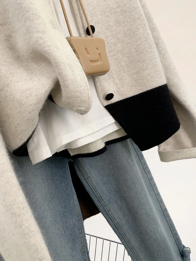 Women Knit Cardigan 2024 Autumn Winter New Contrast Color Long Sleeve Pullover Tops Vintage Loose Sweater Coat