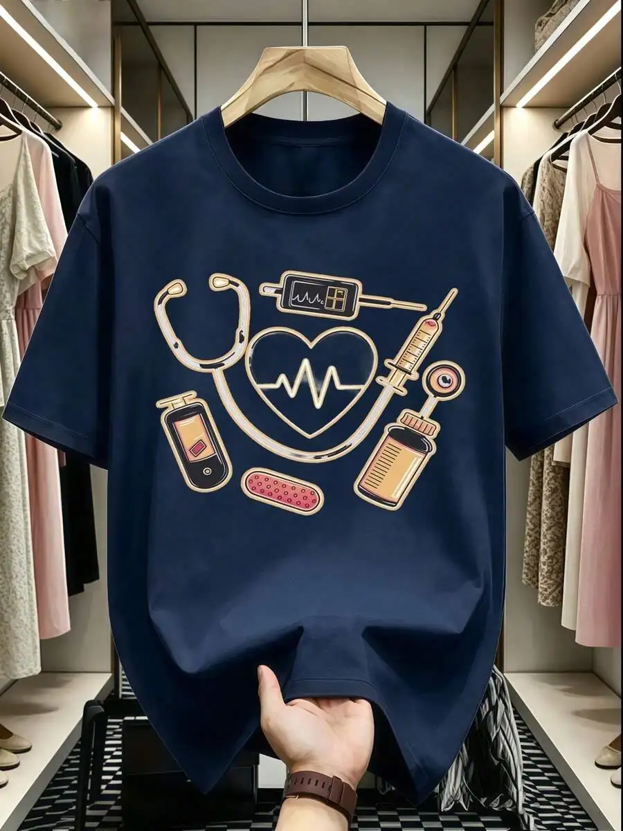 Nurse Life Graphic Tees Women Medical Theme Stethoscope Heartbeat Print T-Shirt Doctors Healthcare Professionals Casual Tops
