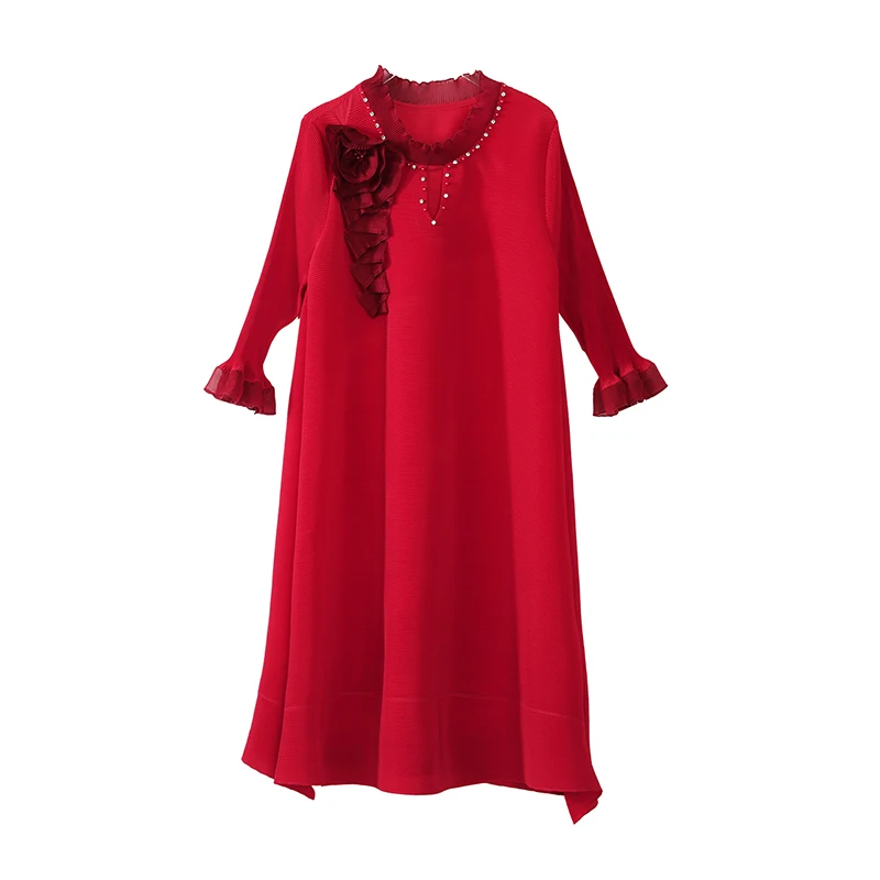 2024 autunno nuova gonna magica elastica antirughe rossa per le donne, gonna a maniche lunghe casual ampia con stampa retrò o-collo