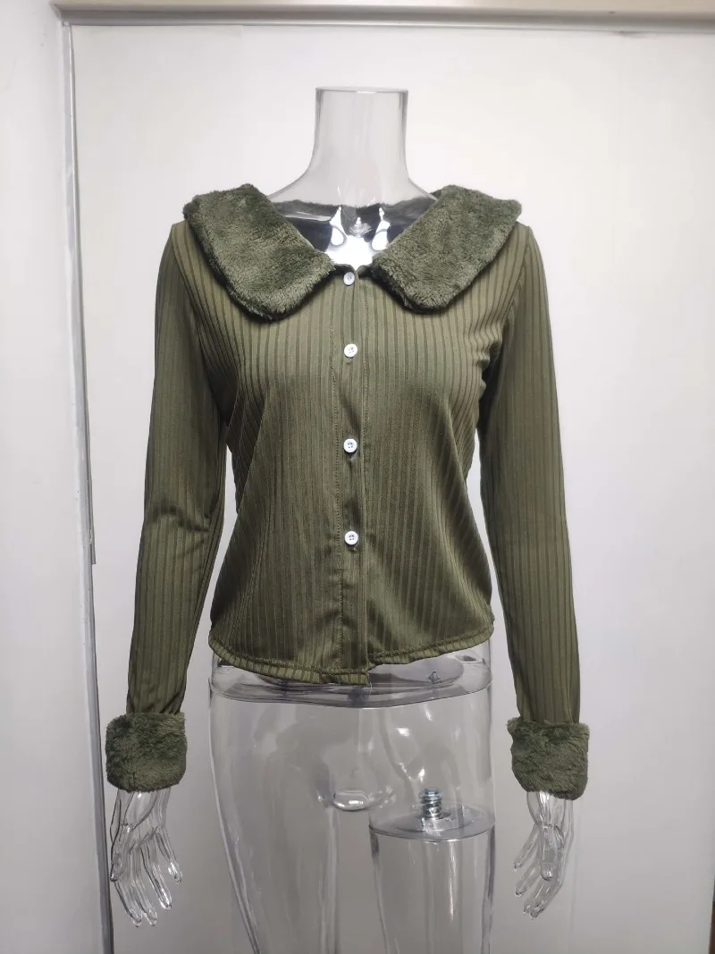 2023 New Cardigan Casual Solid Fur Collar Top Slim Fur Collar Knitted Jacket Tight-fitting Top Long Sleeve Feminine Sense Top