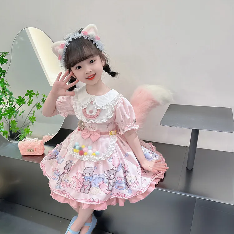 Vestido de Aniversário Estilo Lolita para Menina de Um Ano, Saia de Princesa com Design de Urso de Doces, Manga Curta, Design...