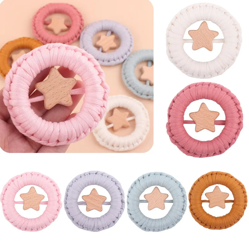 

Handmade Crochet Cotton Baby Teether Beech Wood Star Shape Newborn Handshake Rattle Ring Kids Molar Teething Toys