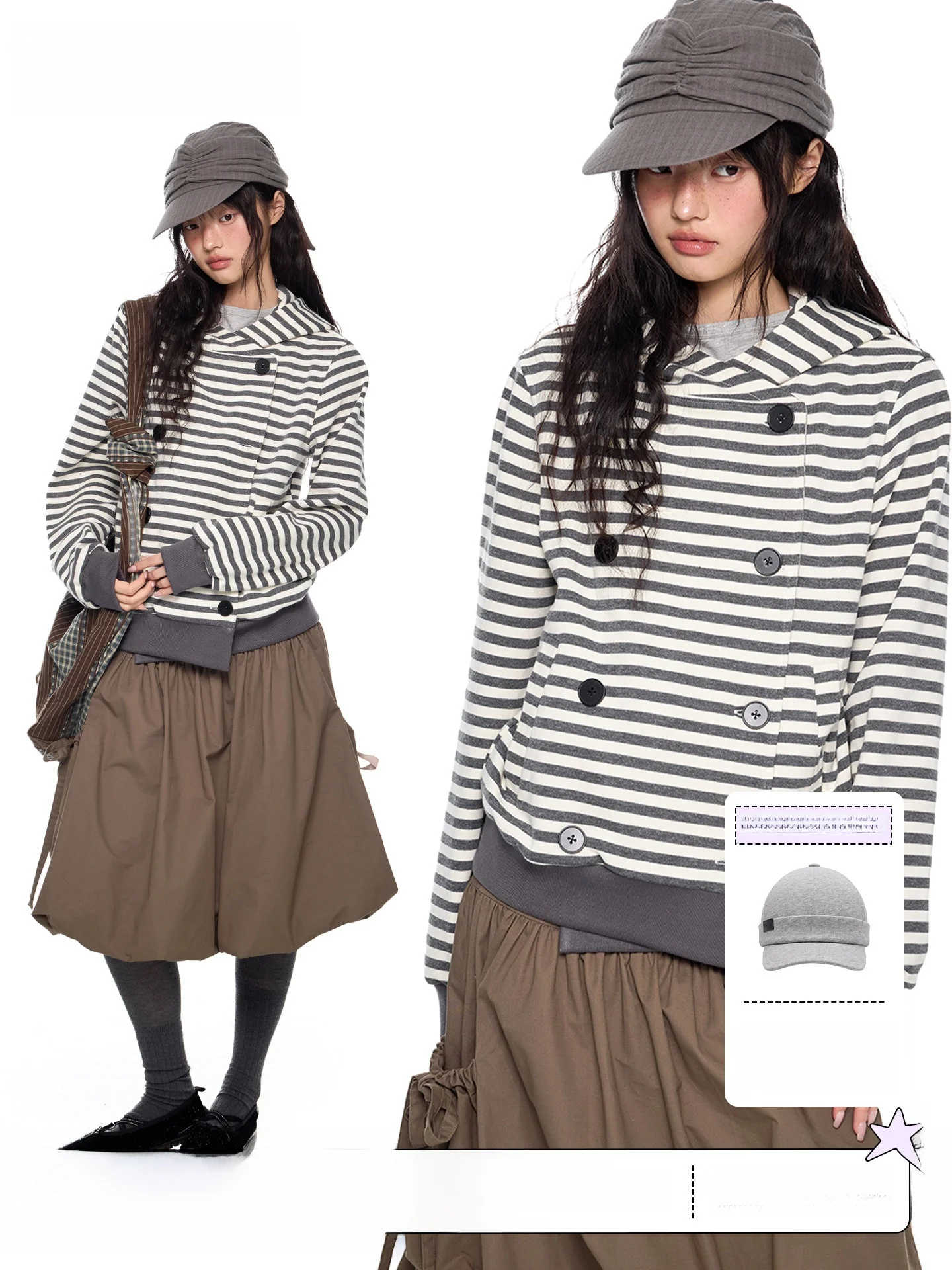 

EZEK Women's Loose Fit Hoodie Cardigan Double Button Stripe Color Block Summer New Vintage Casual Top Cotton Polyester