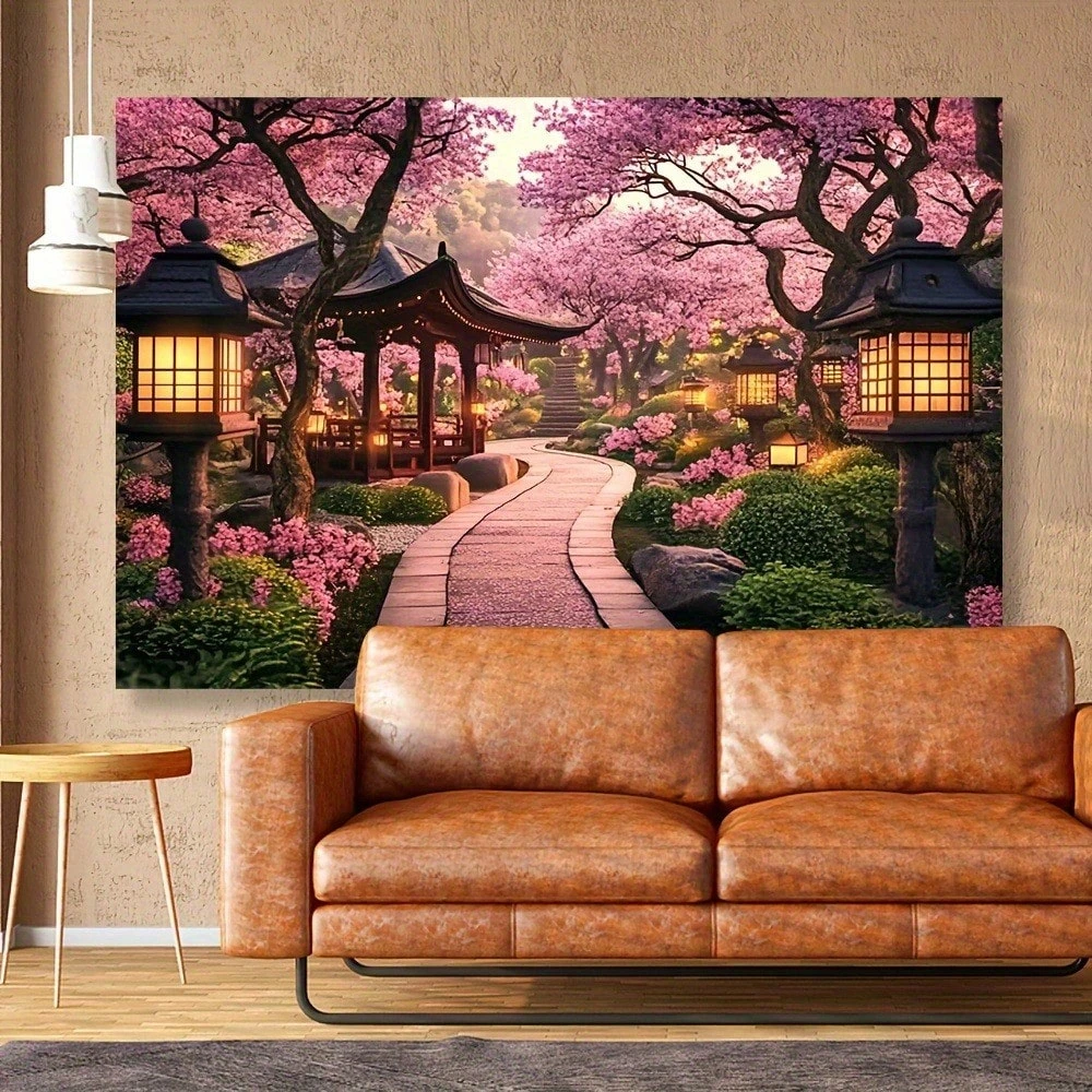 Oriental Cherry Blossom Garden Wall Tapestry Japanese Scenery Pagoda Lantern Lightweight Polyester Home Party Photo Decor