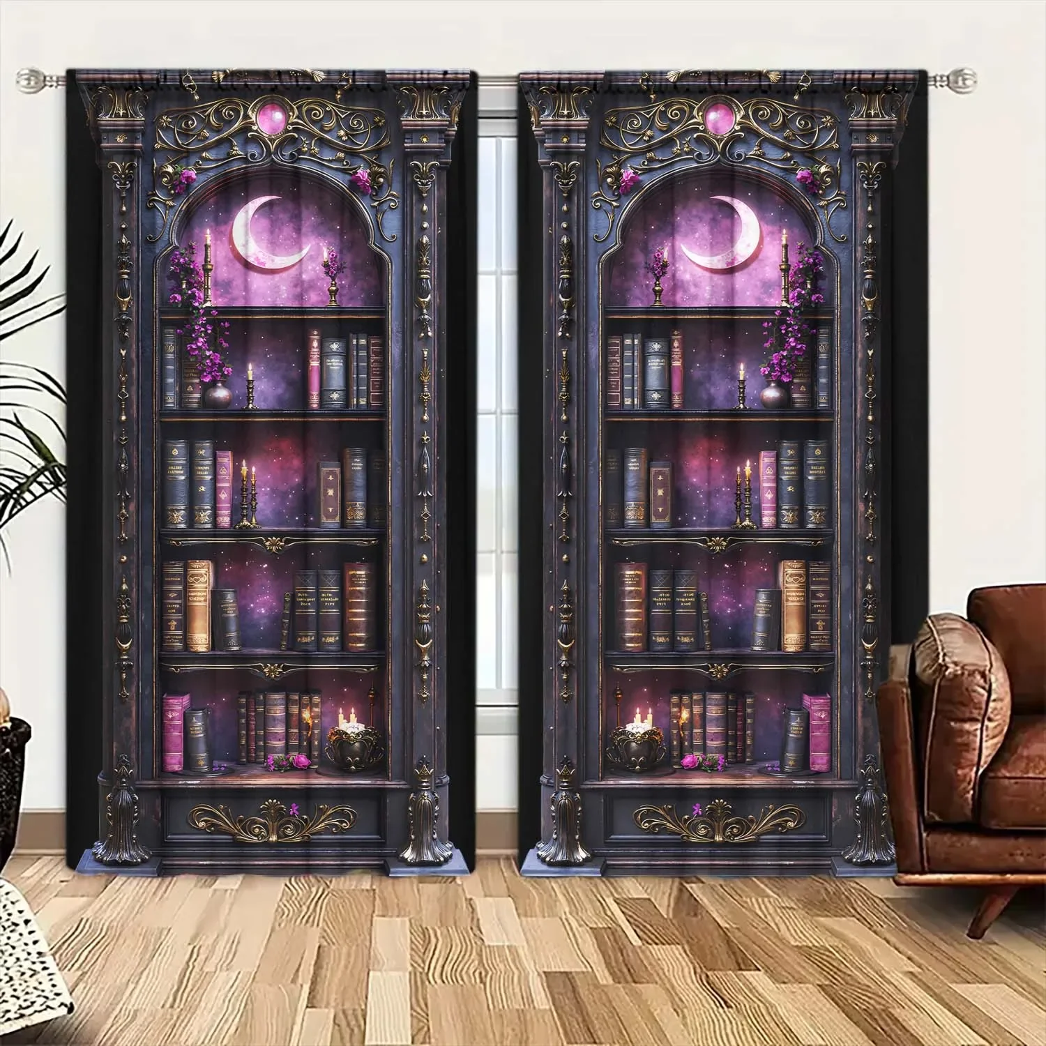 2pcs Magic Bookshelf Curtains Gothic Library Books Window Drapes Fantasy Moon Stars Witchy Art Decor Living Room Bedroom