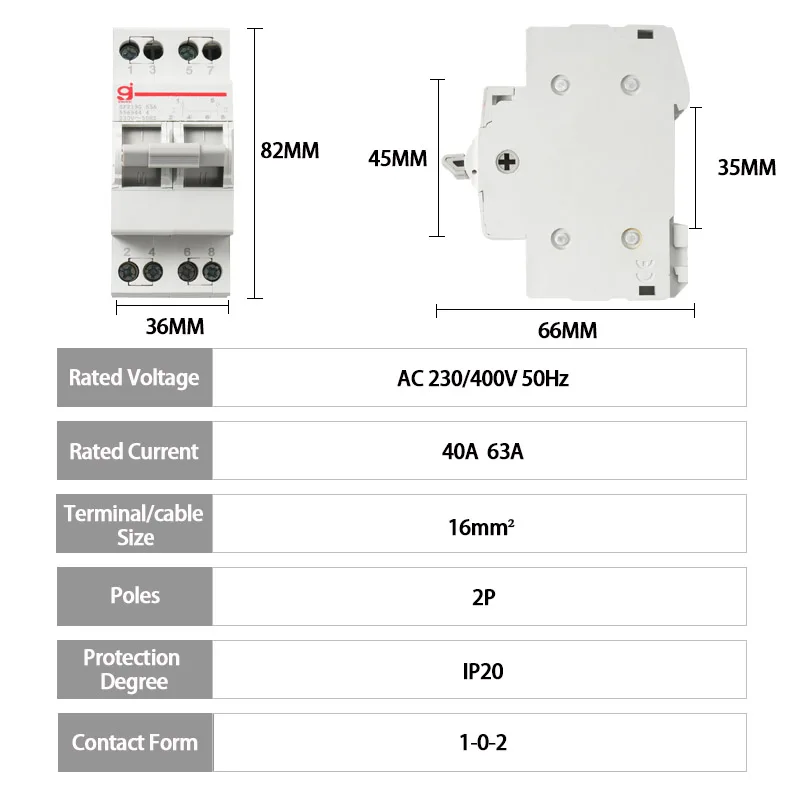 이중 전원 절연 수동 전송 스위치 인터록 회로 차단기, 2P 63A MTS AC 40A 230V 400V, 1-0-2 Din 레일 분리