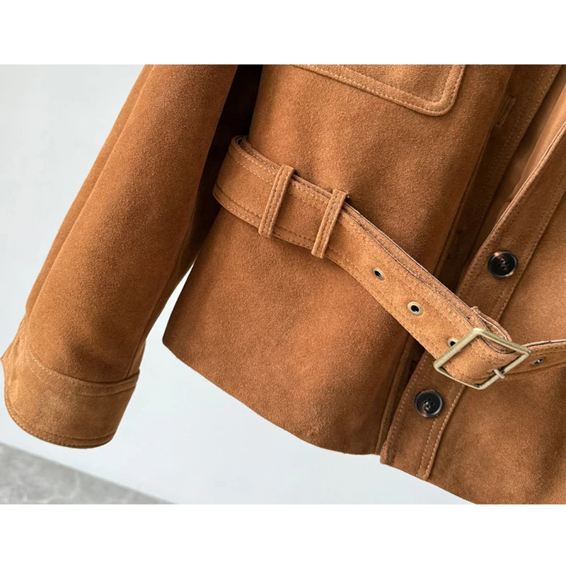 Imported A-level Goatskin Women's Kid Suede Jacket 2025 Fall Fashion Belt Pockets Female Real Leather Suede Short Jacket Tops