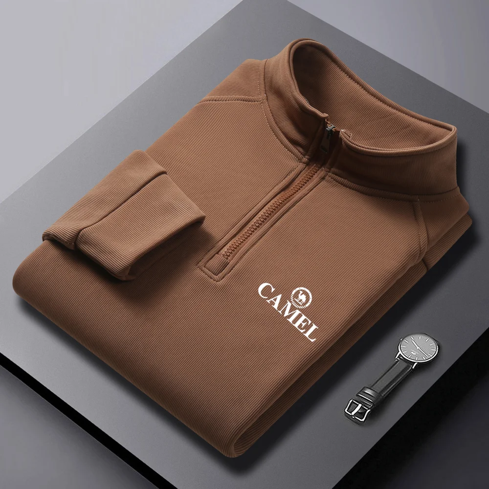 

Men's stand up collar pullover CAMEL printed long sleeved half zipper fleece fashionable top, autumn winter casual sportswear