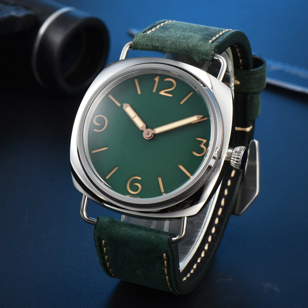 45 مللي متر ساعة رجالية ريترو إيطالية 9 ألوان NH35/6497 Move 316L الفولاذ المقاوم للصدأ الأخضر لوم دليل لف ساعة جلدية