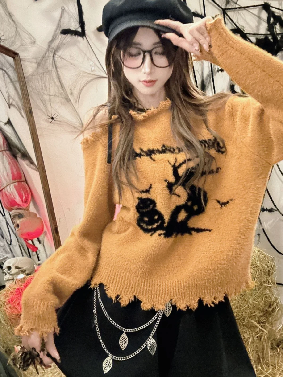 Street Sle Witch Pumpkin loween Maglione da donna Autunno Inverno Arancione lavorato a maglia o spalla Bared Top Pure Desire Loose Fit