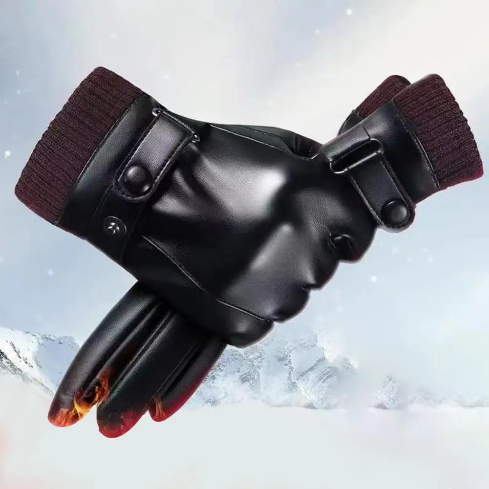 Women Faux Leather Gloves Velvet Lined Winter Gloves Winter Cycling Gloves Waterproof Windproof Warm Unisex Outdoor Skiing