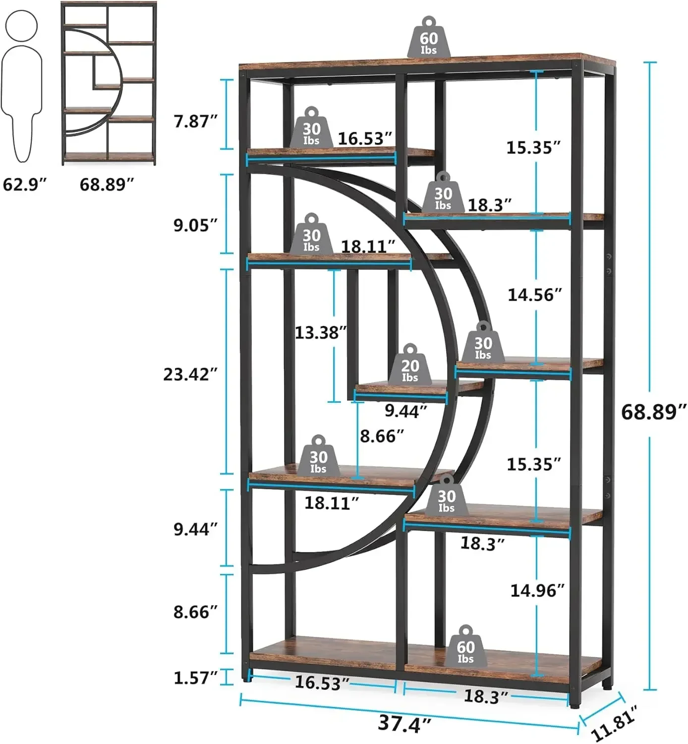 Tribesigns Bookshelf Industrial 5 Tier Etagere Bookcase Freestanding Tall Bookshelves Display Storage Organizer 9-Open Shelf