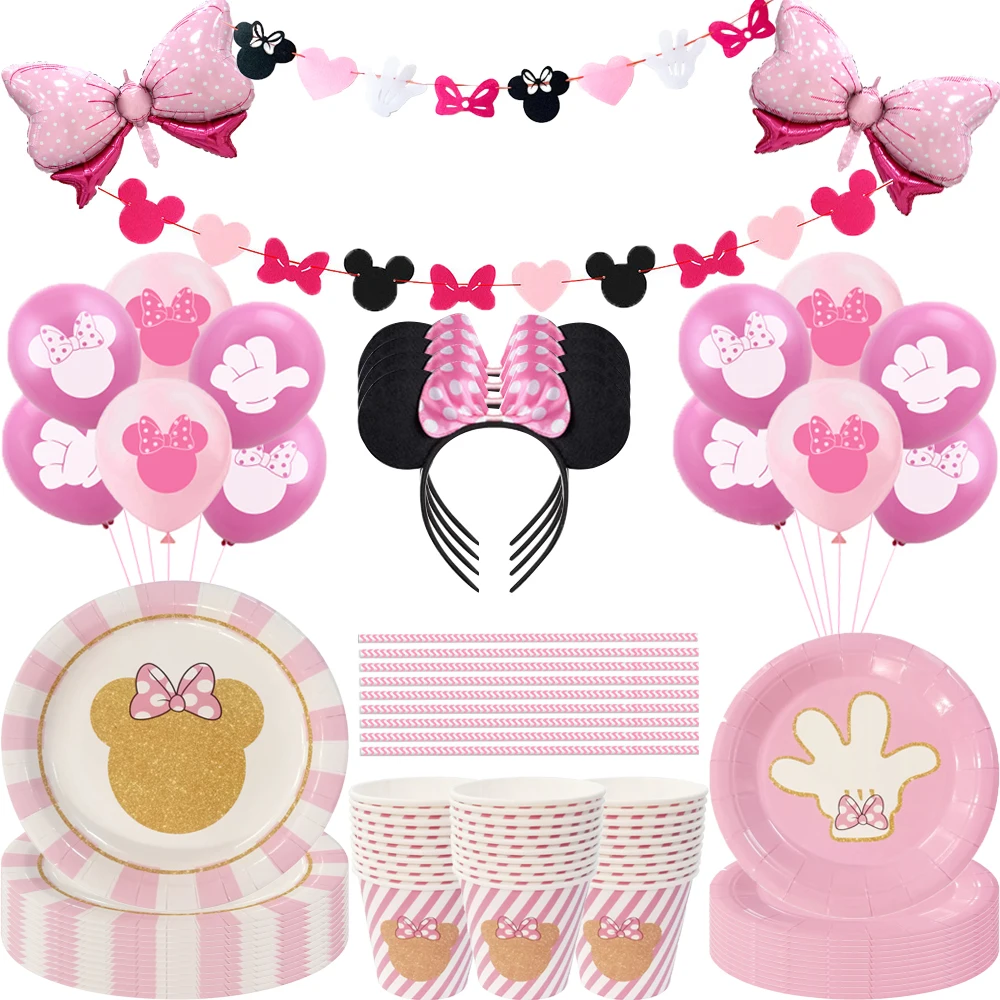 Motyw myszki Minnie wanienka materiały urodzinowe Minnie Cup Plate Kid Girl Party Decoration jednorazowe zastawy stołowe zestaw obiadowy