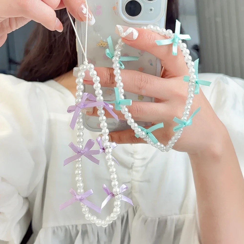 Korean Cute 3D Black Pink Bowknot Beaded Phone Chain For iPhone Camera Hanging Rope Pendant Anti-Lost Lanyard Hanging Jewelry