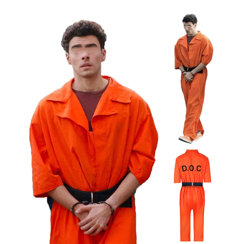 Orange Luigi Prison Uniform Jumpsuit Long Sleeve Party Cosplay Costume Jail Inmate Outfit Playsuit Men Women Halloween Costume