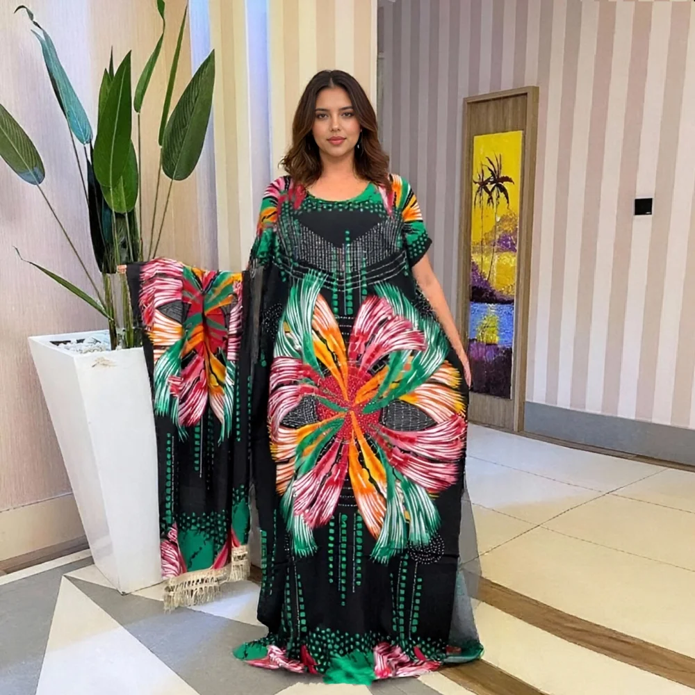 

2025 New Fashion Hot Diamond Large Scarf Tassel Ethnic Bubu Loose Breathable African Cotton Women's Printed Dress