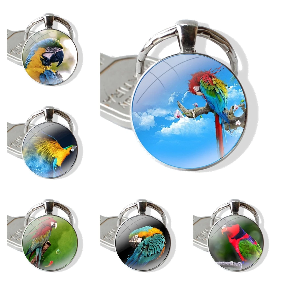 25mm Glass Cabohcon Keychain Key Rings for Women Men Jewelry Gift Blue Ringneck Parrot Black