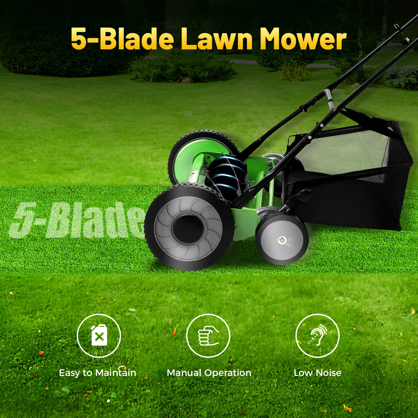 20 Inch Manual Reel Lawn Mower with 9 Height Adjustments, 5-Blade Grass Cutter for Small Garden