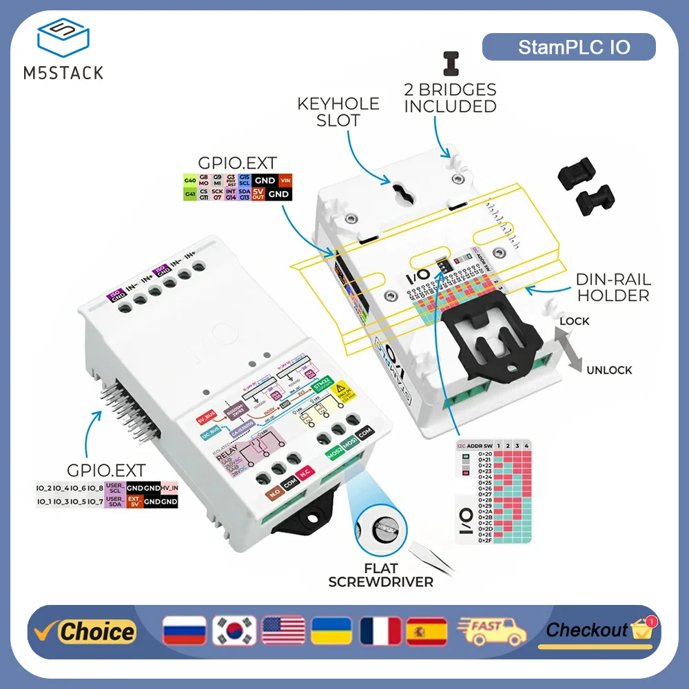 M5Stack StamPLC IO Isolated IO Expansion Module STM32 I2C Bus Analog Input Relay Output DIN Rail Industrial PLC Extension Board