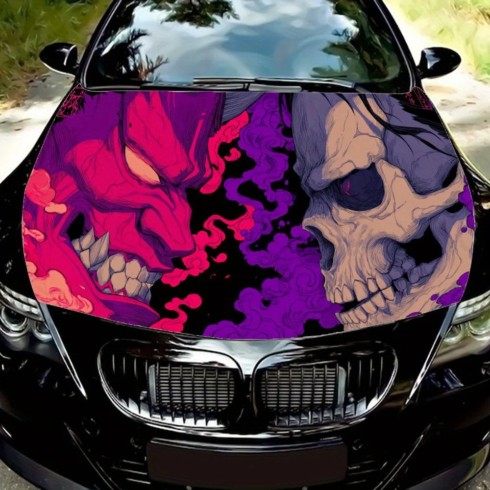

Dark Demon and Skull Duel Car Vinyl Wrap, PVC Waterproof Car Hood Sticker, Self-Adhesive Scratch-Resistant Stickers for Engine C