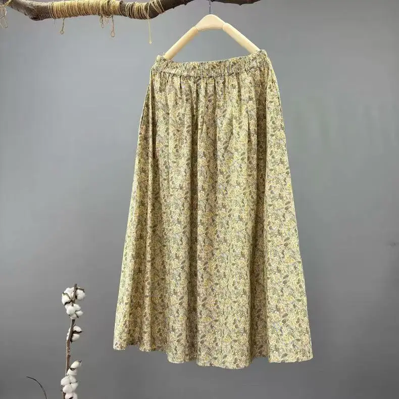 Mori girl style elastic waist blue yellow print midi skirts for women autumn spring Japanese style pure cotton long skirts