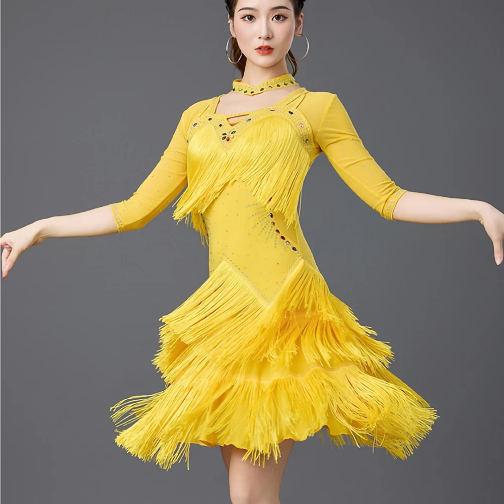 فستان تانجو من حجر الراين فستان رقص لاتيني نسائي جديد أسود للمنافسة فستان أصفر طويل الأكمام أحمر طويل الأكمام