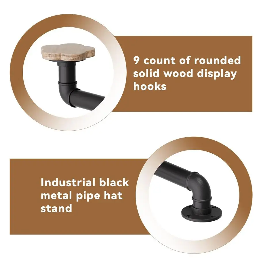 Hat Racks Heavy Duty Metal Pipe Hat Display 8 Rustic Solid Wood Hooks Free Standing Cap Organizer for Hats Wigs Headwear Tableto
