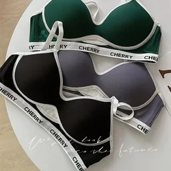 Summer Striped Lettering Light Face Gathered Anti-sagging Casual Black Bra No Scar Underwear Women No Steel Ring Bra