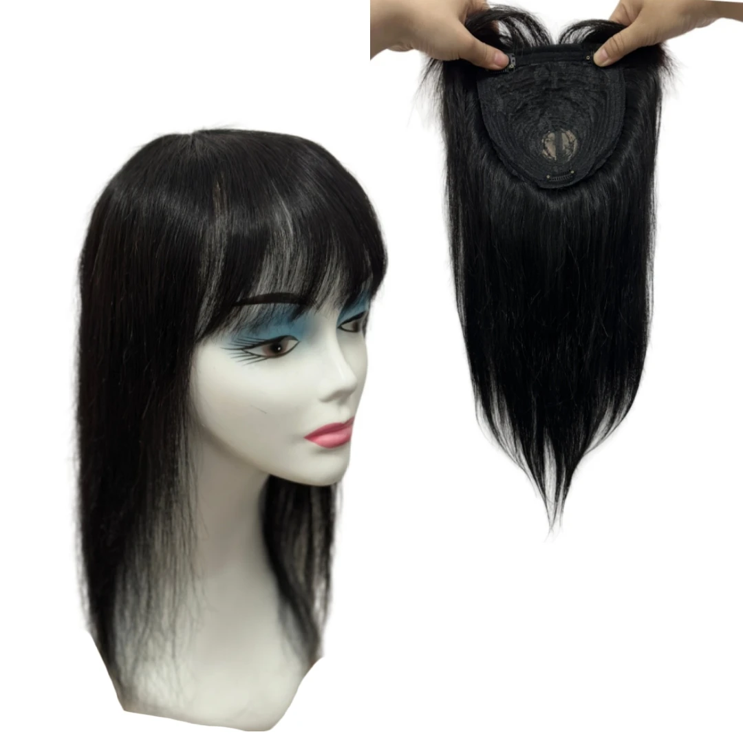 18-45cm Natural Black Human Hair Toppers For Women Clip In Hair Piece with Bangs Fringe Brazilian Hair Extensions for Hair Loss