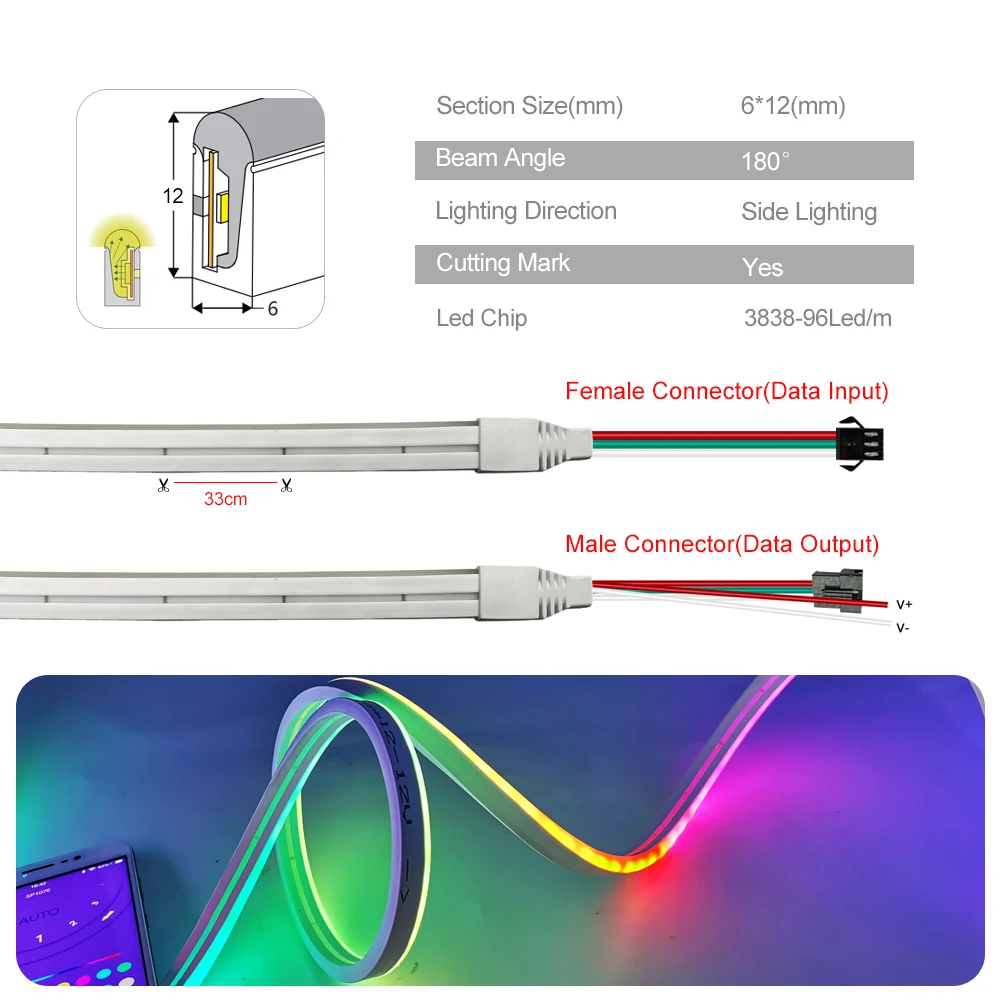 Fita de néon LED RGB, Dream Color, Endereçável individualmente, Fita leve flexível, IP67 impermeável, WS2811, 5050, T0612, DC 12V, 5m