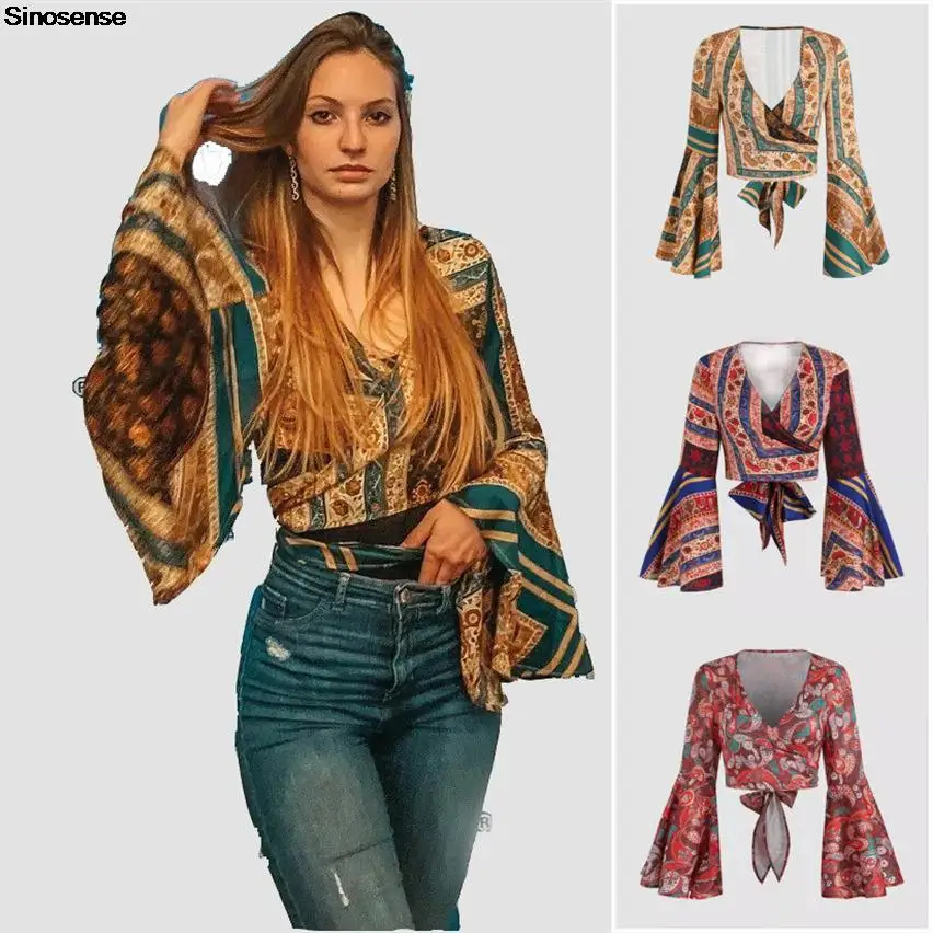 Women\'s Vintage Floral Print Boho Shirts Tops Sexy V Neck Tie Back Flare Sleeve Cropped Shirt Blouses Casual Bohemian Blouses