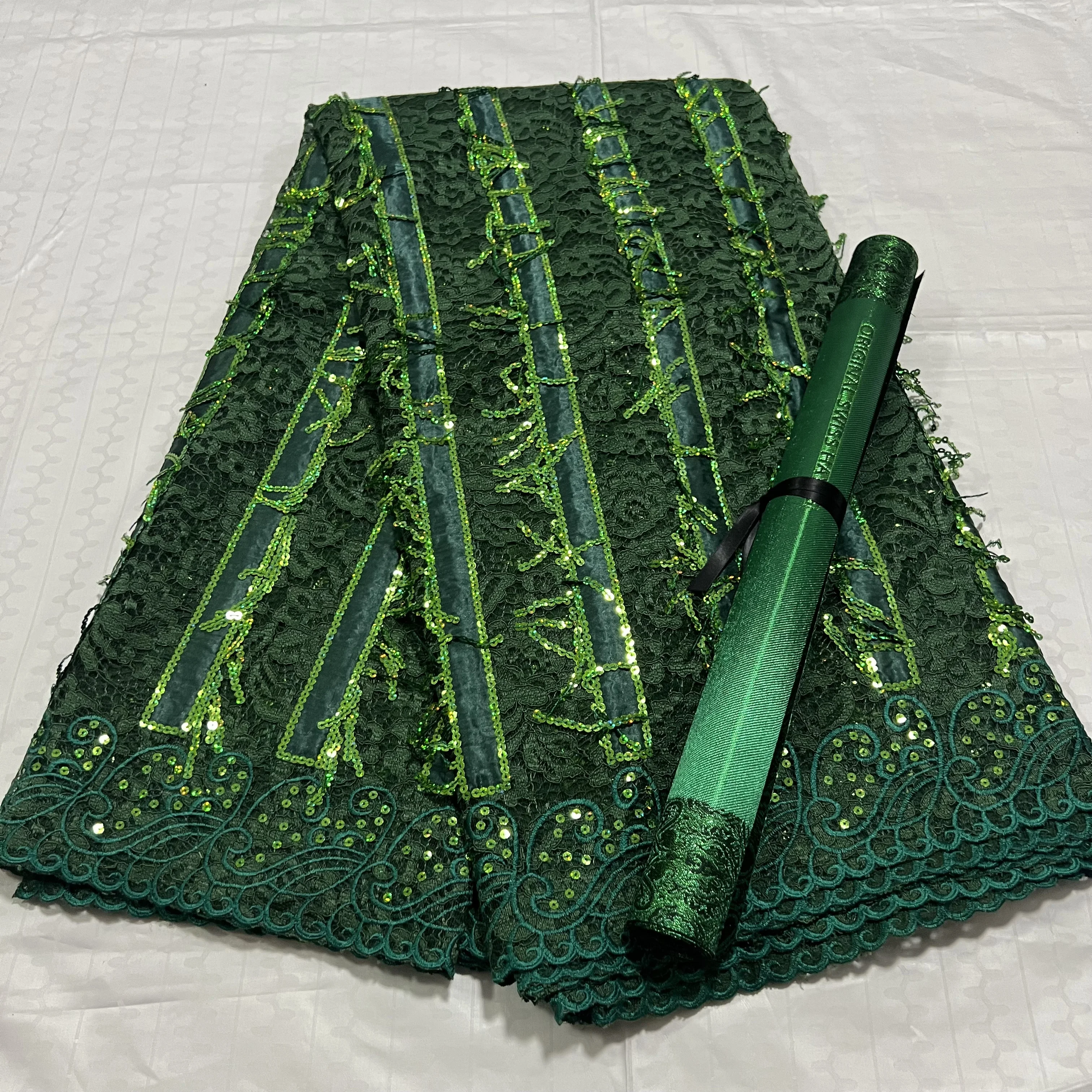 

Luxury Fashion 5 Yards Guipure French Lace Fabric Sequins Embroidery With 3D Sego Hayes Headtie Wrap 2Pcs - Lace Material