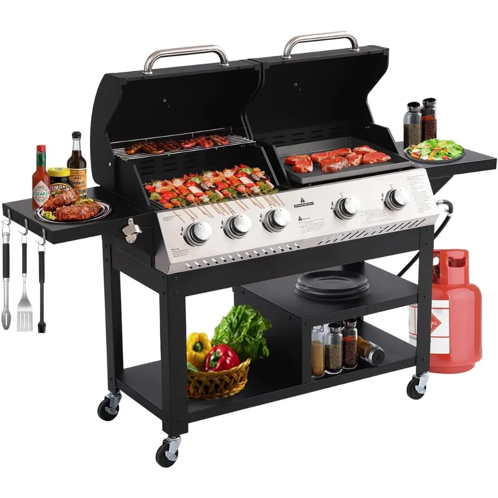 

5-Burner Propane Gas Grill,griddle grill combo Double Grills with Storage space,54,000 BTU 627 SQ.IN.Output Stainless Steel Gril
