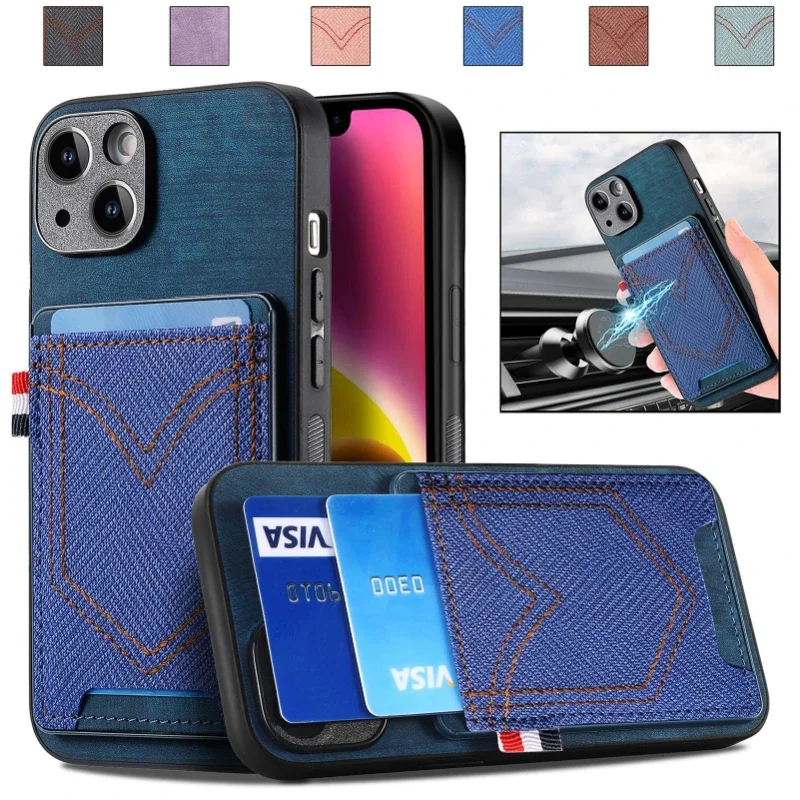 

Suitable for iPhone 14 Denim Card Insert Phone 13promax 12pro 11 Business Card Pack Xs Xsmax Xr 8plus Protective Leather Cover