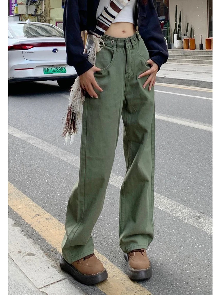 Women\'s Green Jeans Vintage Washed Multiple Pockets Wide Leg Pants Casual Street High Waist Baggy Denim Trouser Ladies Summer