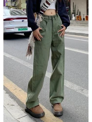 Women's Green Jeans Vintage Washed Multiple Pockets Wide Leg Pants Casual Street High Waist Baggy Denim Trouser Ladies Summer