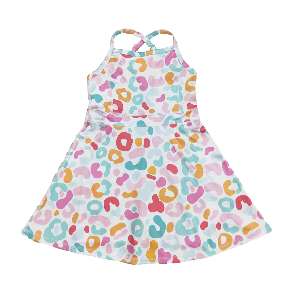 

9.17 Wholesale Hot Sale western boutique kids children Baby Girls Strap Pink Green Leopard Shorts Knee Length Dresses