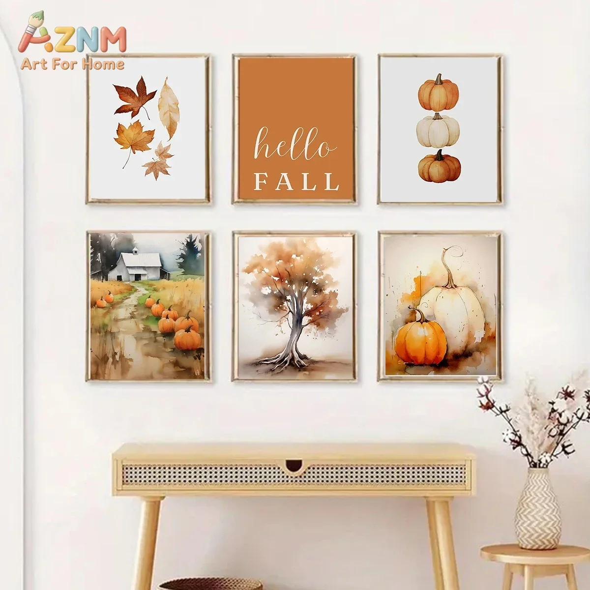 AZNM Hello Fall Watercolor Canvas Wall Art Pumpkin Maple Leaf Autumn Tree Rural Farm Scenery Warm Orange Tone Seasonal Home Livi