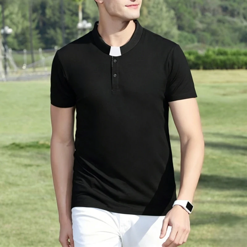 

Men's Roman Collar Polo Shirt, New Summer Short-Sleeve Clerical Collar T-Shirt, Casual Business Plaid Splice Fashion Top