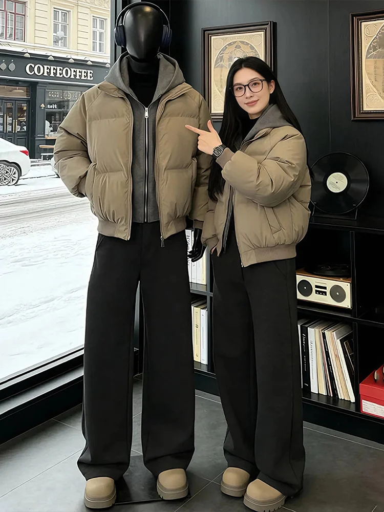 

American Sle Hooded Jaet Men's Women's Winter Warm Slimming Bread Coat Fake Two-Piece Casual Loose Fit Polyester Filling