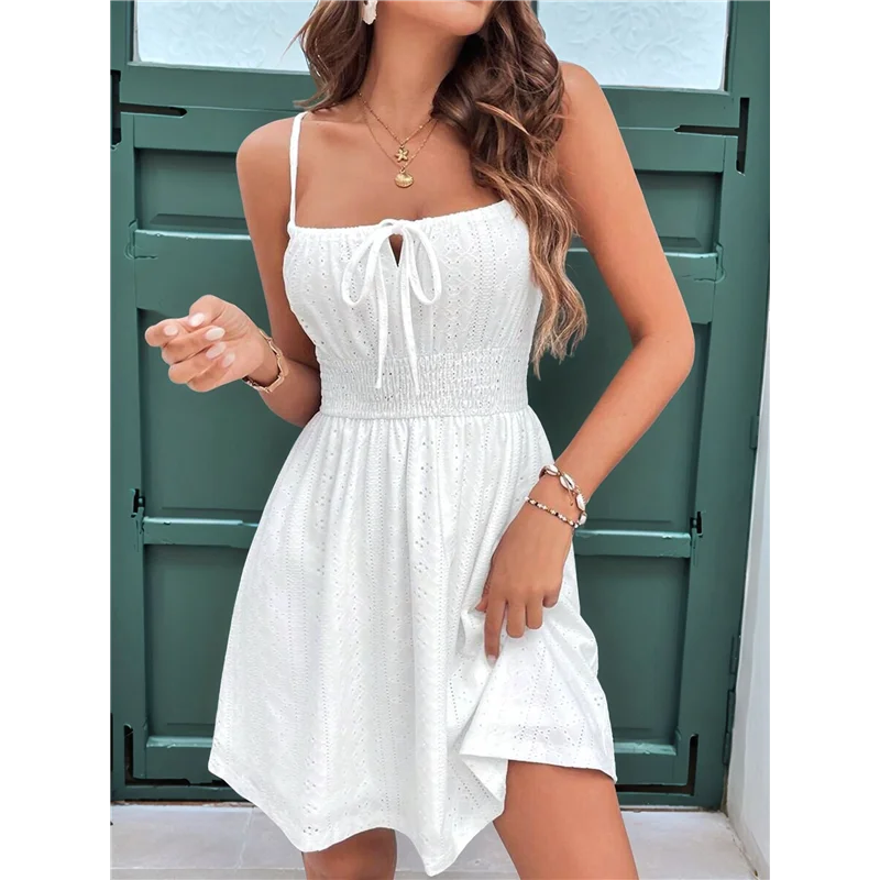 ASDS-Women's Sleeveless Ruched Bust Eyelet Embroidery Flared Cami-Dresses