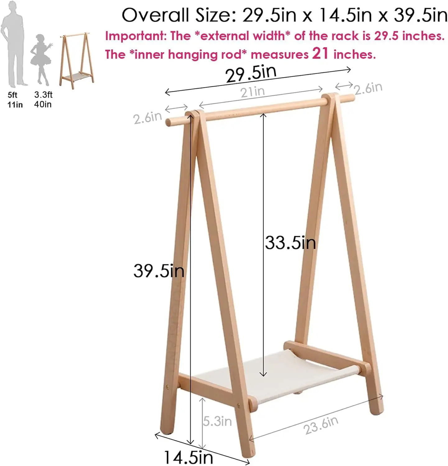 Вешалка для одежды, вешалка для детской одежды, вешалка для детской одежды с полкой для хранения (натуральный бук, 29,5 дюйма Д x 14,5 дюйма Ш x 40 дюймов В)