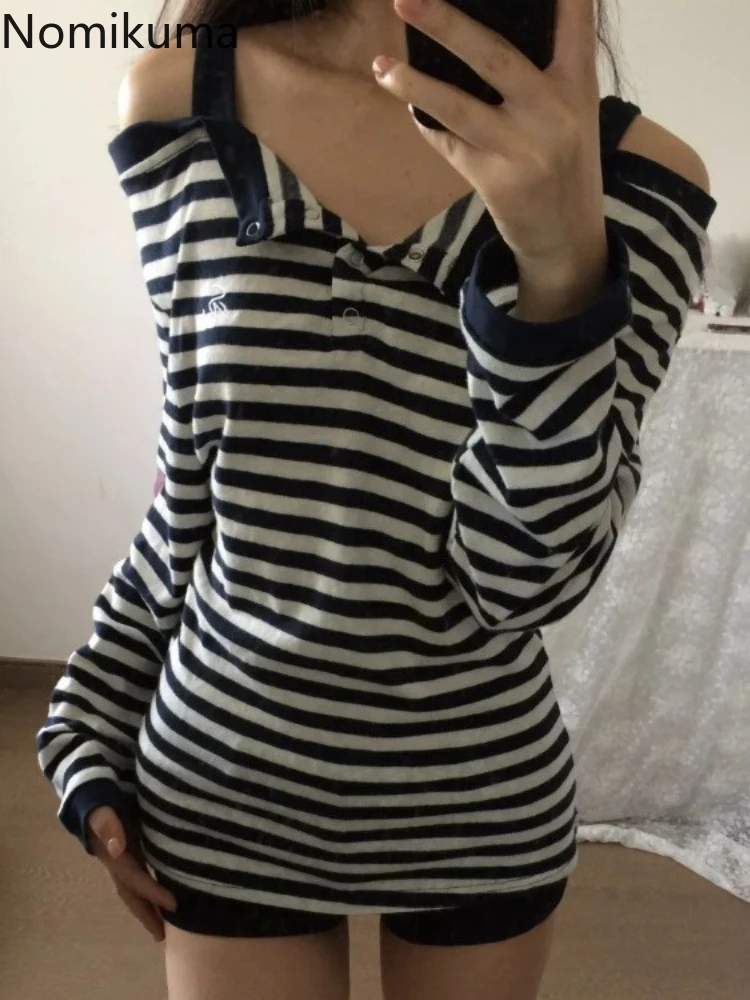 

Woman T Shirts Long Sleeve Slash Neck Print Tees Fashion Sexy Tees 2025 Ropa Mujer Y2k Tops Off Shoulder Striped Sexy T-shirt