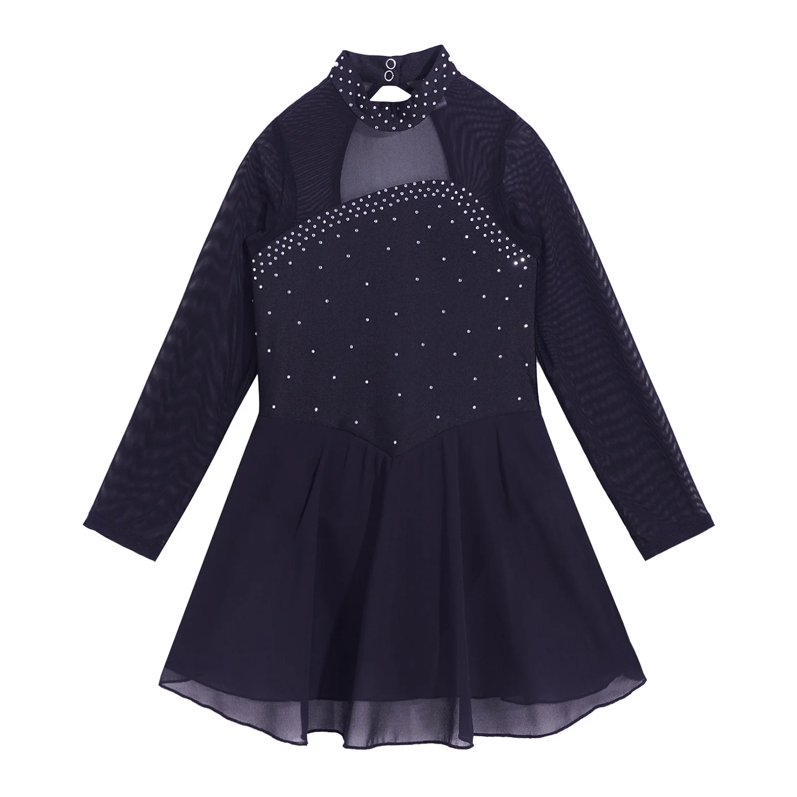 Kids Gymnastic Dress Girls Figure Ice Skating Dress Long Sleeves Mock Neck Tulle Splice Cutouts Back Ballet Dance Leotard Dress