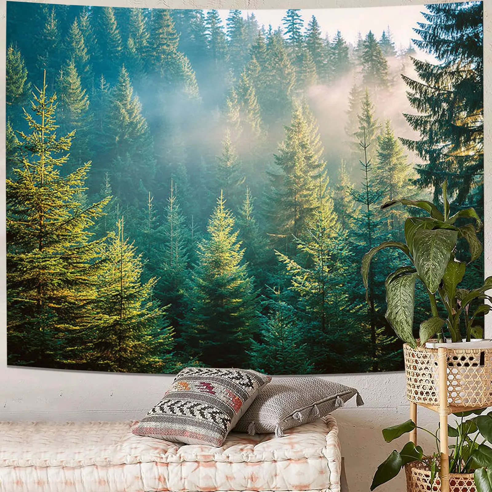 Tapiz Bohemio de Bosque Verde para Pared - Tapiz Horizontal Verde y Follaje, Tela Ligera de Poliéster Ideal para Dormitorio, Dec