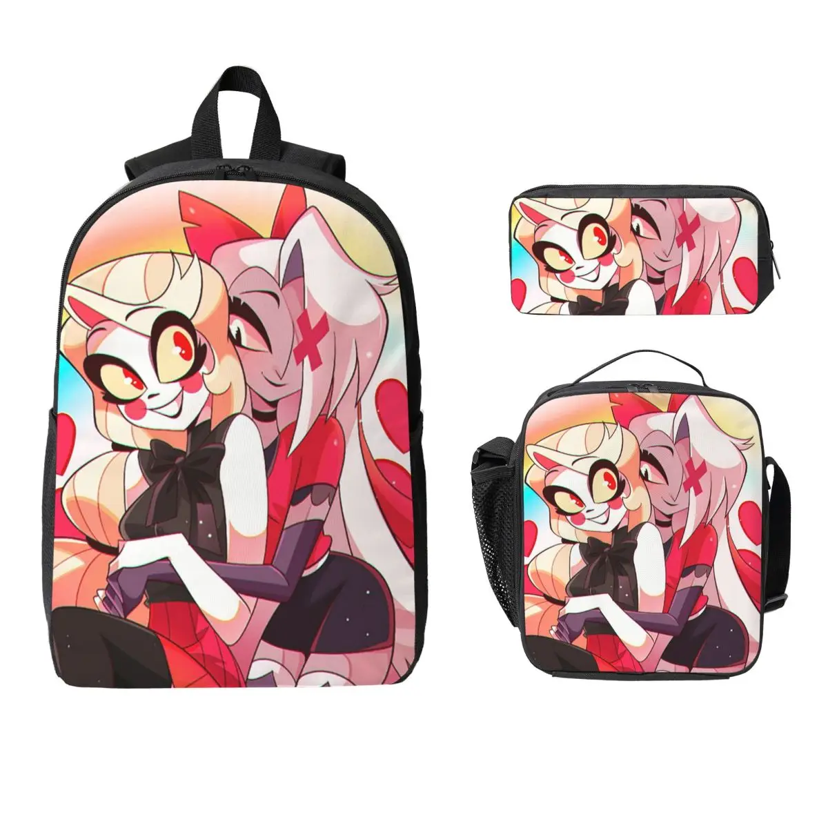 

Charlie And Vaggie Valentines Hazbin Hotels Backpack BookBag School Bag Computer Shoulder Bags 3ps Lunch Bag Pencil Case