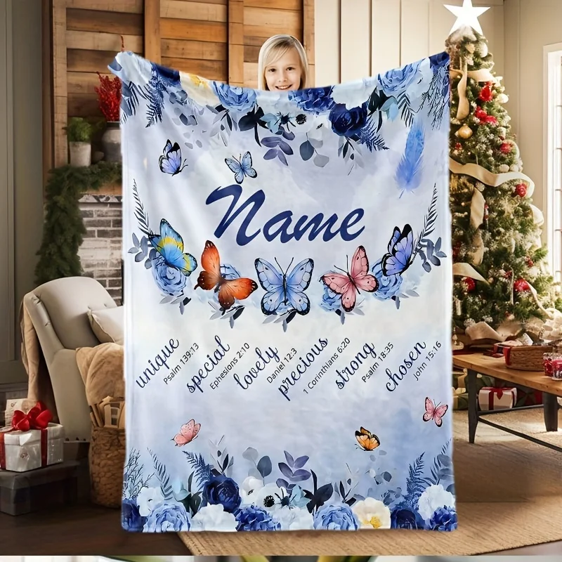 1pc Customized Blanket with Personalized Name and Text Design, Blue Butterfly and Flower Pattern, Creative Butterfly Print Blank