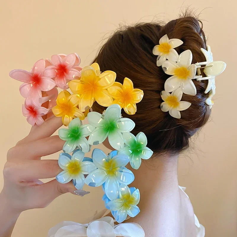 2 Pcs Dopamine Gradient Colorful Acrylic Egg Flower Sunflower Shark Sweet Hair Claws for Women Hairpins Vocation Beach Hawaiian